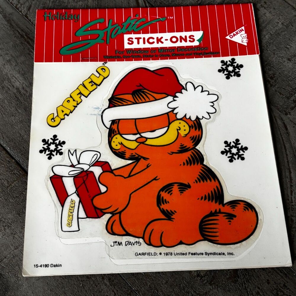 Vintage Garfield Christmas Santa Car Window Static Stick-On Decal Double Sided I